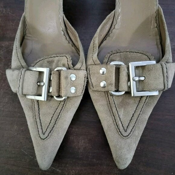 Vintage Y2K Prada Tan Suede Leather Pointy Toe Kitten Heels SZ 38 Buckle - Picture 4 of 12